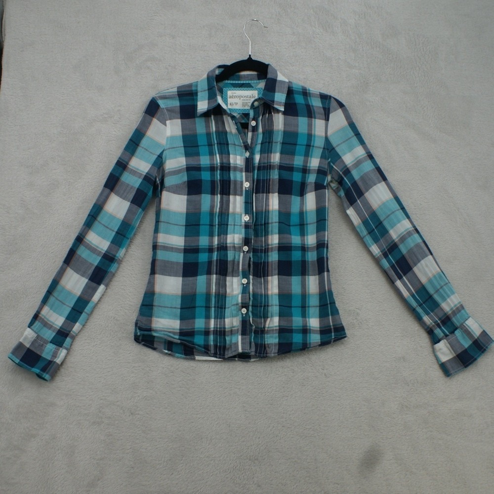 Aeropostale Shirt Womens XS Teal Blue Plaid Cotton Button Up Long Sleeve